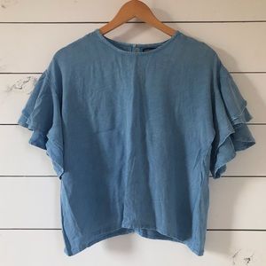 Denim ruffle sleeve blouse